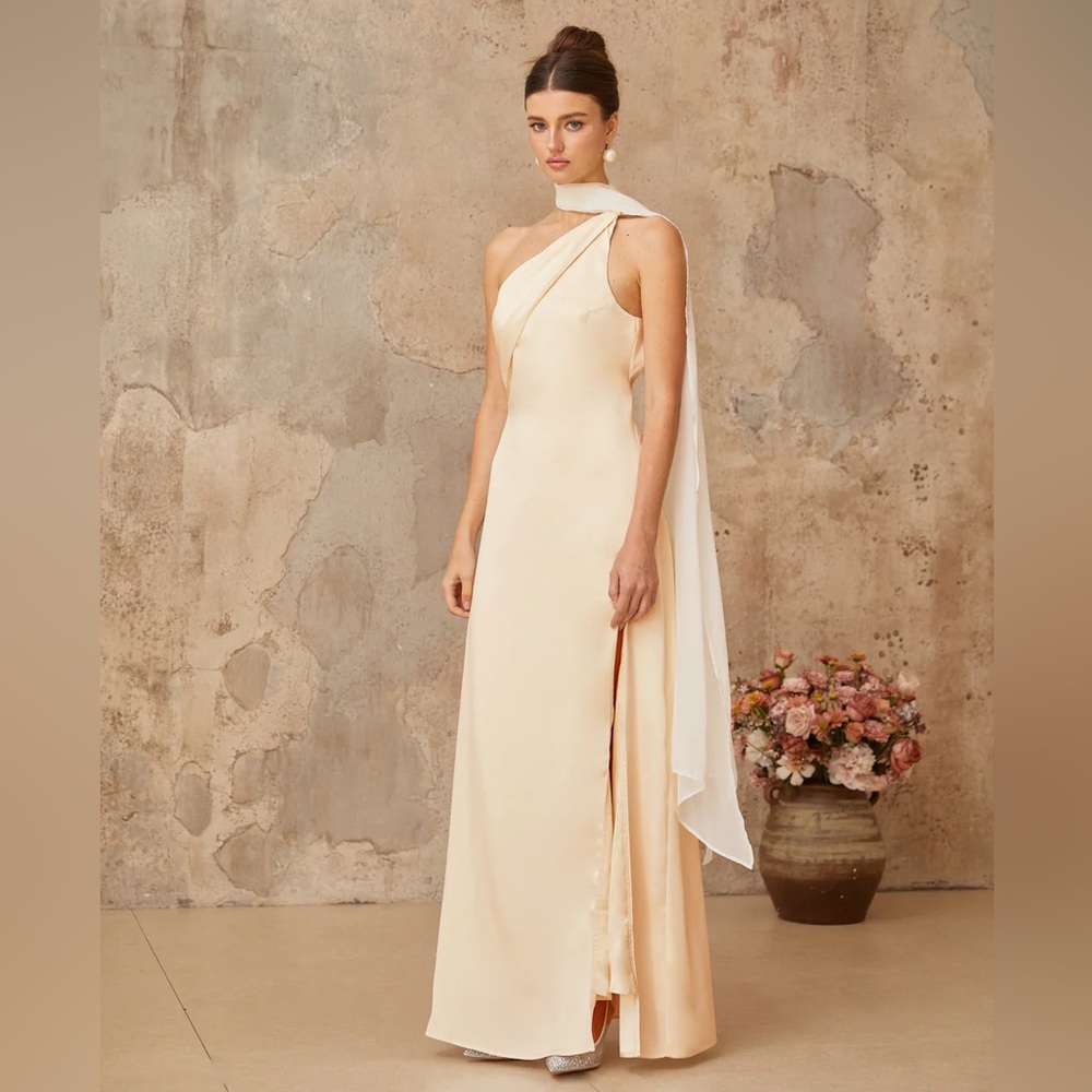 Miss Rosier Thérèse neutral scarf-design satin maxi dress size small NWT